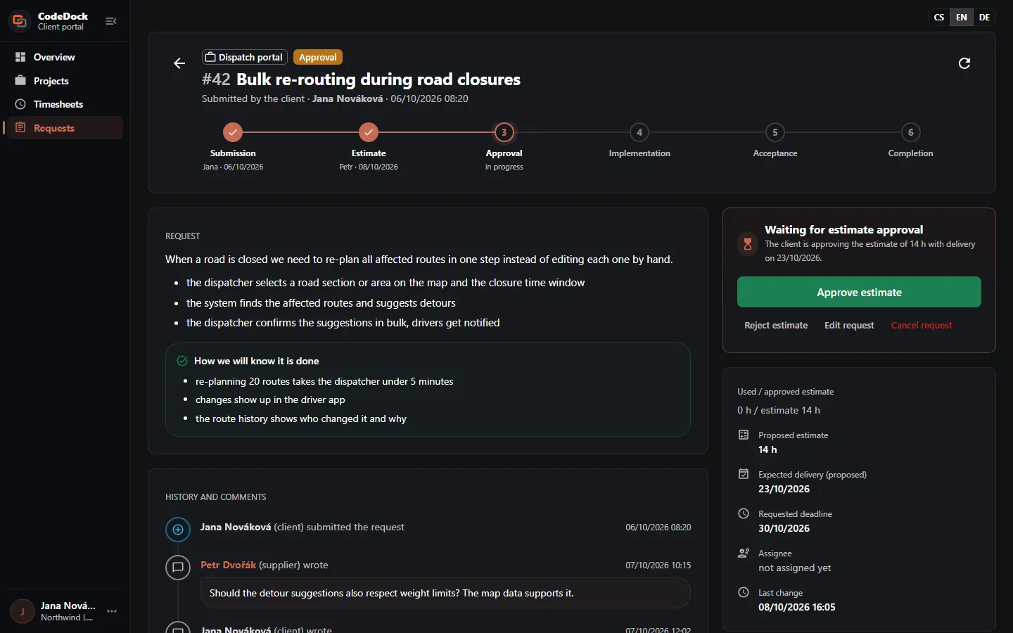 CodeDock client portal – a request with a 14-hour estimate and delivery date awaiting client approval (demo data)